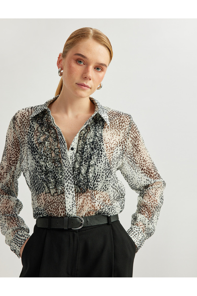 Koton Semi Sheer Ruffle Detail Long Sleeve Leopard Print Chiffon Shirt