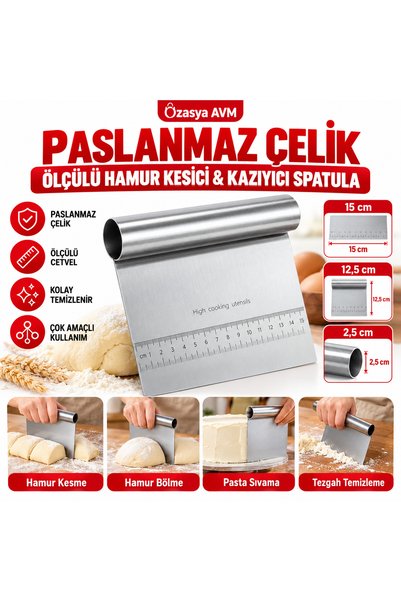 Özasya AVM Paslanmaz Çelik Ölçülü Hamur Kesici ve Kazıyıcı Spatula, Santimetr...