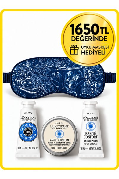 L'Occitane Shea Mini Bakım Üçlüsü, Seyahat Boy, Uyku Maskesi ile, 4'lü Set