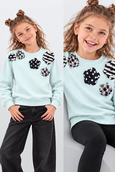 MSHB&G Kız Çocuk Çiçek Desenli Triko Mint Uzun Kollu Sweatshirt 4-10 Yaş