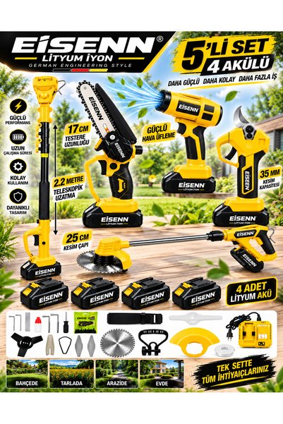 EISENN German 3Lü Budama Set Yellow otomatik Yağlamalı Zincirli Testere Şarjl...