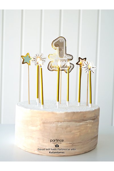 partince 1 Yaş Parti Malzemeleri Pasta Süsü Cake Topper ve Metalik Gold Mum D...