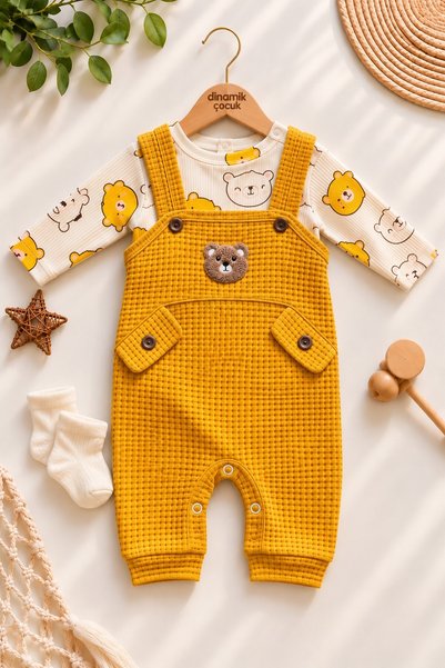 dinamik çocuk Erkek Bebek Tulum+Zıbın Alttan çıtçıtlı 2'li Tulum Seti – Zıbın...