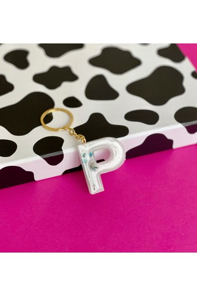 Gift Moda White Epoxy Keychain with Special Real Dried Flowers