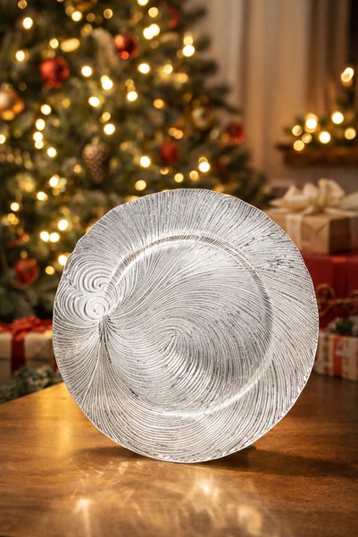 DD SHOP Platou decorativ rotund din sticlă, model argintiu reliefat, Ø33 cm, ...