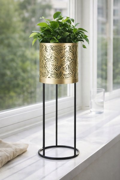 OEM Suport pentru ghiveci decorativ, din metal auriu cu model de frunze perfo...