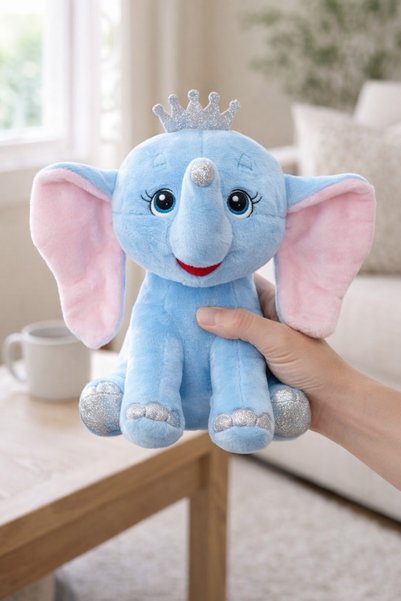 OEM Elefant de pluș bleu ciel cu urechi mari roz cu glitter argintiu și coroa...