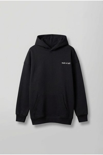 ablukaonline Men's Oversized 3-Ply Printed Hooded Sweatshirt, Black