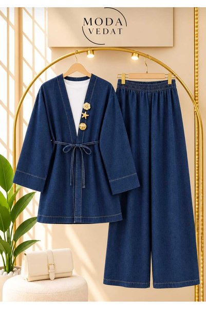 MODA VEDAT Women's Bronchus Detailed Kimono Denim Set -0800 (Laci̇)