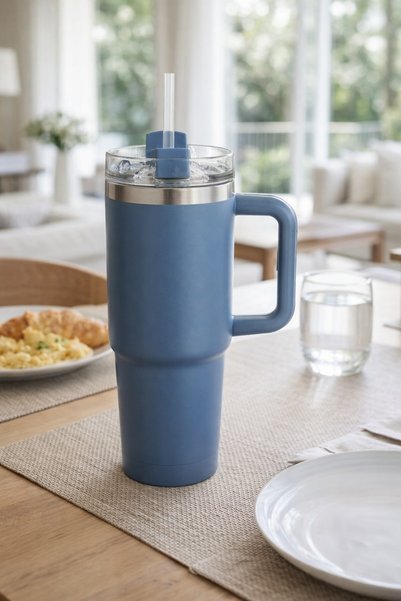 OEM Pahar termos cu maner și pai reutilizabil, oțel inoxidabil albastru, 900 ml