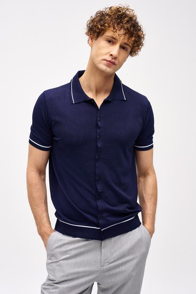 İgs Men's Dark Blue Standard Polo Collar Knitwear Short Sleeve