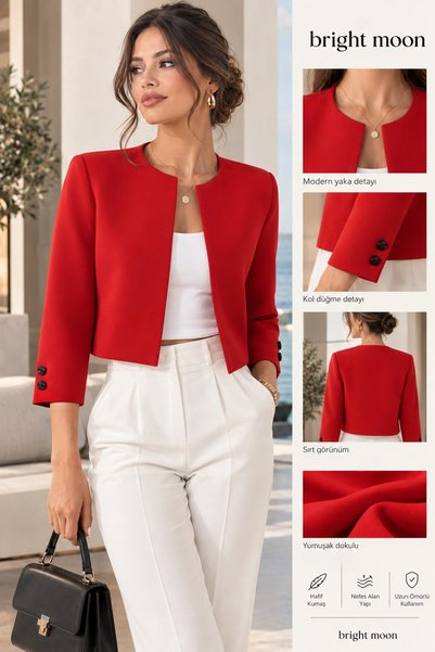 bright moon Sıfır Yaka Kısa Crop Blazer Ceket - Kol Düğme Detaylı Şık Ofis Ce...