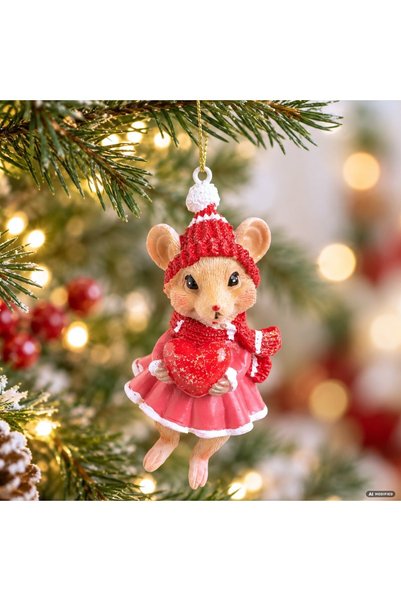 DD SHOP Ornament de Crăciun șoricel roz cu inimă, polirășină, 10 cm, pentru b...