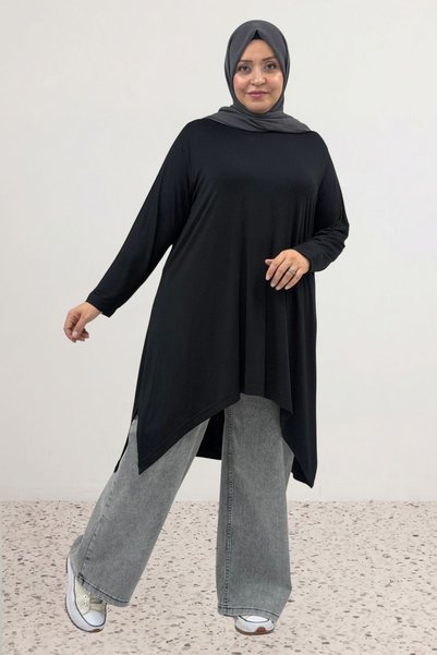 Eslina 58070 Büyük Beden Asimetrik Kesim Penye Tunik - Siyah