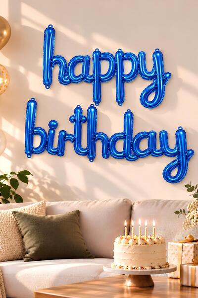Patladı Gitti Handwritten 16 Inch Happy Birthday Blue Balloon Set