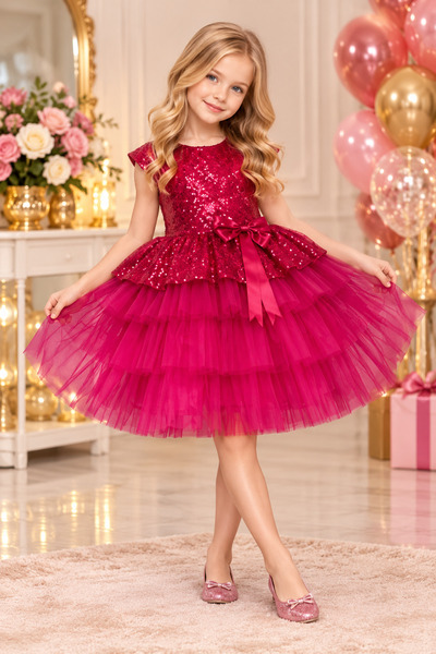 ABİYEKİDS Sequined Fuchsia Children's Evening Dress Show Party Dress 23Nisan ...