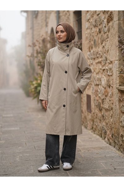 Lunsera Store معطف طويل بجيوب وياقة رجلان - حجر