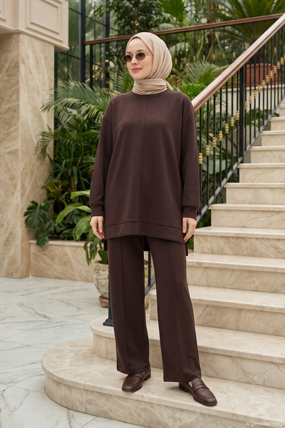 Lale Butik Basic Jersey Set with Tunic and Pants 002 Brown