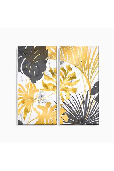 Luxcanva Set 2 Tablouri Canvas Plante Lief Negru Auriu 140x140 cm (2 x 70x140...