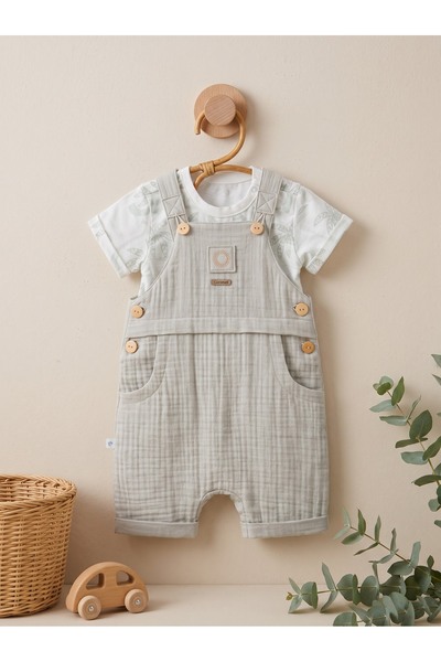 Caramell 100% Cotton Baby Boy Set: Muslin Romper and Jersey T-Shirt, for Ages...