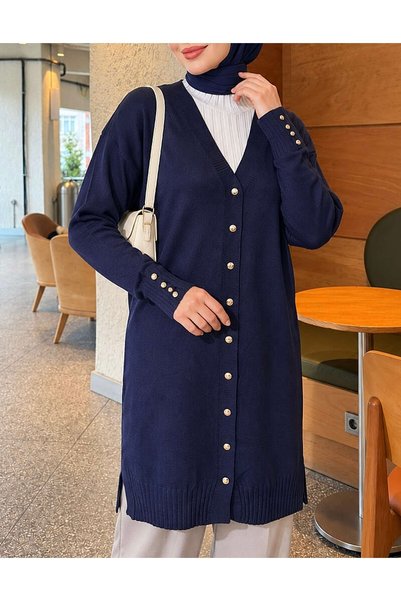 Hepsi Moda كارديجان تريكو بتفاصيل أزرار على الأكمام - 3176 - أزرق داكن.