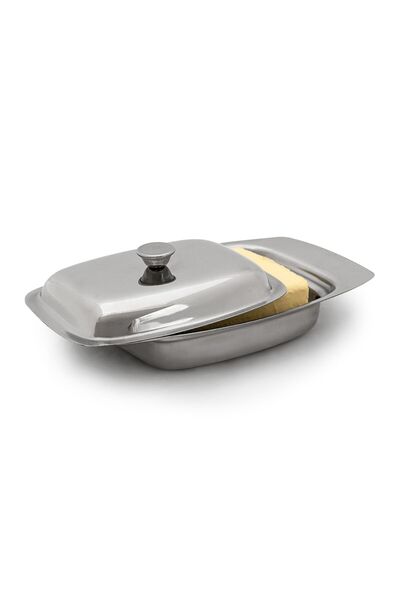 Relaxdays Stainless Steel Butter Dish with Handle, Silver, 6x13x19.5 cm