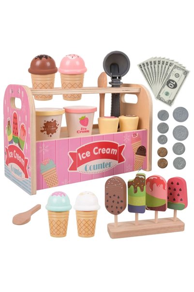 KRUZZEL Stand de inghetata din lemn pentru copii montessori, cu manere latera...