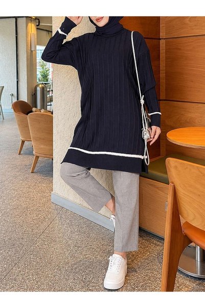 Hepsi Moda Striped Knit Tunic with Stripe Detail - 3402 - Navy Blue (Ös)