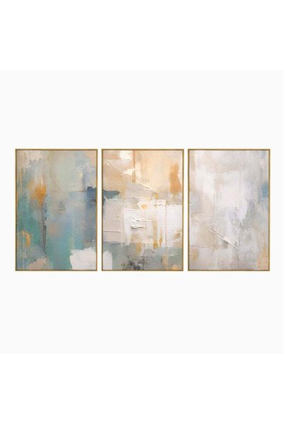 Luxcanva Set 3 Tablouri Canvas Alb 210x100 cm (3 x 70x100) cu Ramă Aurie, Ori...