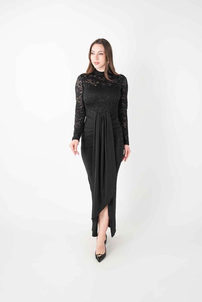 BEYBOS Top Lace Bottom Sandy Fabric Dress - Black