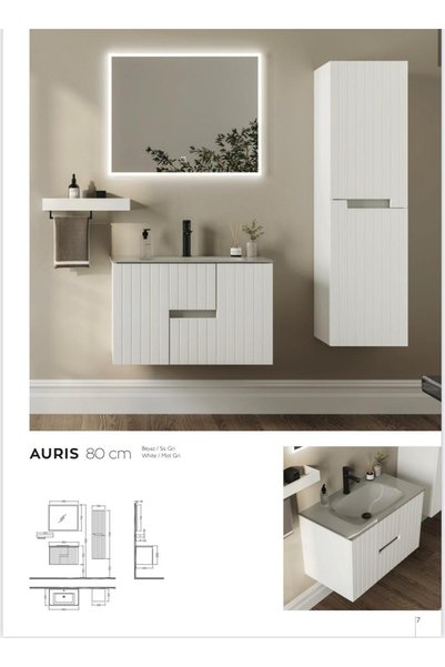 Vetrola Auris 65-80 cm Banyo Dolabı Seti Cam Lavabolu, Boy Dolabı ve LED Doku...