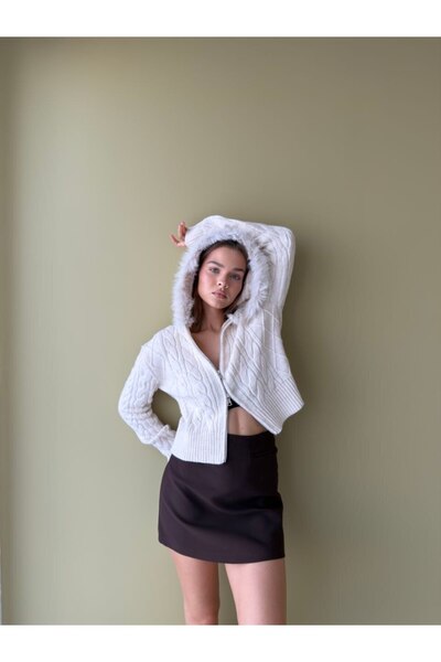buqre's moda Cardigan din tricot cu glugă și detaliu cu fermoar la spate