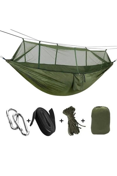 OEM Hamac turistic din nylon cu plasa de tantari, culoare verde, dimensiuni 2...
