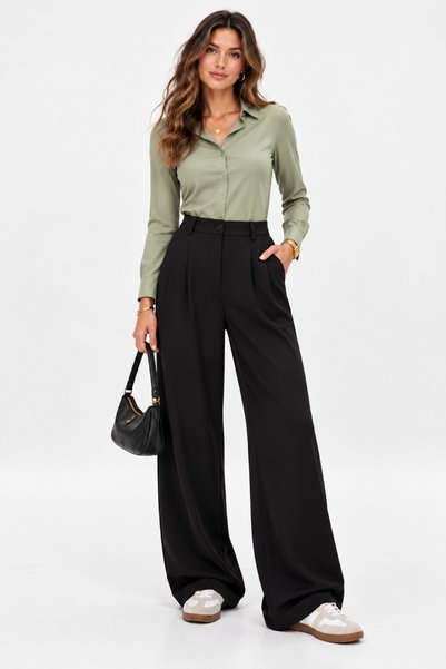 Salt & Sandy Women's Black High-Waisted Palazzo Pants – Stretch Fabric (Crepe...