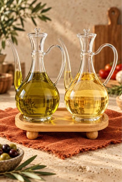 Atbyhome 2'li Ayaklı Bambu Standlı Borosilikat Cam Yağdanlık 750 ml - Kulplu ...