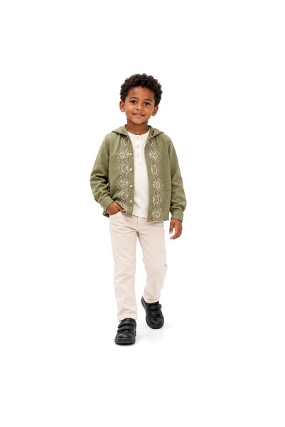 Top Kids Baby Boys Olive Green Hooded Shirt Decorative Embroidery White T-Shi...
