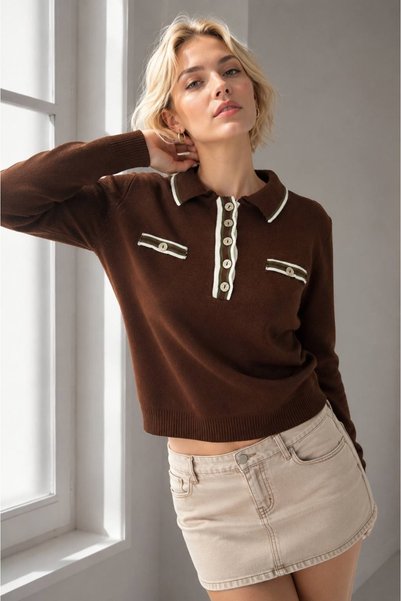 Arbucky Women's Button-Down Polo Neck Basic Knit Sweater