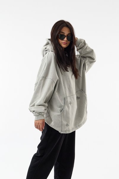 COCOPELLI Hanorac de damă cu glugă, design spălat, gri, oversize, COC3670