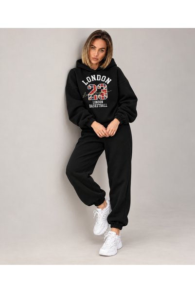 FAVORİST Black Hooded Sweatshirt Top and Bottom Set MIX