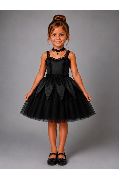 PRİNCESS Girls' Black Puffy Princess Dress with Lace Details—Tinker Party Cos...