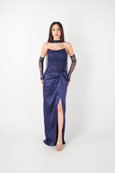 BEYBOS Lace Top and Satin Fabric Design Evening Dress - Dark Blue