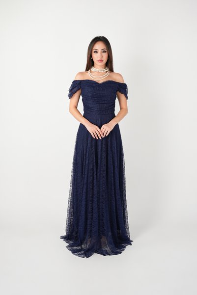 BEYBOS Full Lace Collar Evening Gown - NAVY BLUE