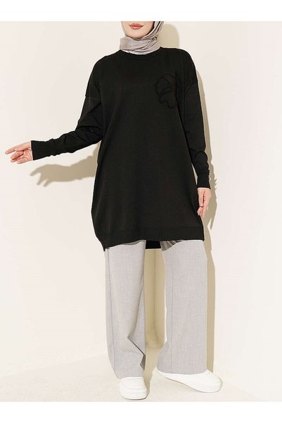 Hepsi Moda Floral Print Knit Tunic with Cuff Buttons - 3303 - Black (ÖS)