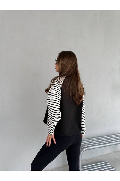 ÇEÇİM Kadın Kolları Çizgili Uzun Kollu Rahat Kesim Sweat