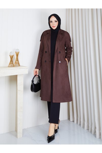 şuranur Suede Fabric Buttoned Women's Trench Coat