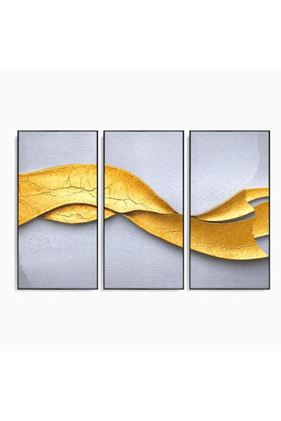 Luxcanva Set 3 Tablouri Canvas Curbe Aurii Abstracte 150x100 cm (3 x 50x100) ...