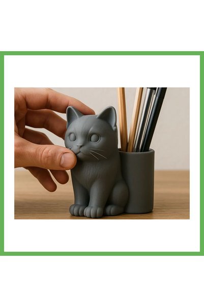 TheGencoo 3D-Printed Cat-Shaped Pencil Holder - Desktop Organizer - Gray GEN01