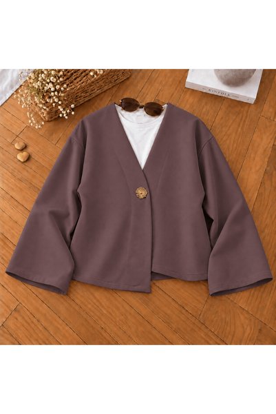 Hepsi Moda جاكيت بقصة غير متماثلة وزر واحد - لون بني داكن (مقاس صغير).