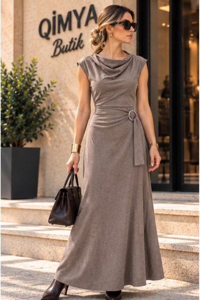 QİMYA BUTİK 4s women women's degaje collar unlined no-neckline long suede dress