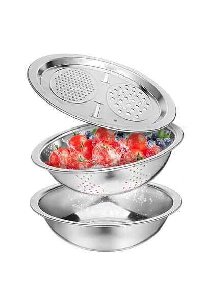 Baluue 1set Multifunctional Stainless Steel Basin with Strainer Basket and Ve...
